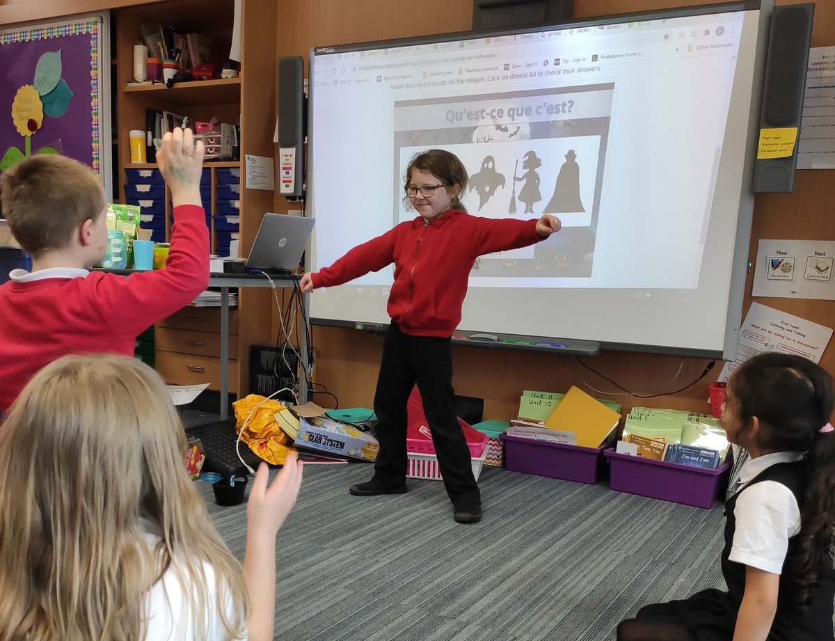 WoodmuirP's tweet photo. P1-3 had spooky fun this afternoon! We learned the French names for some scary Halloween characters, then played charades and acted out the new words. Our favourite was Un Squellette ☠️@1plus2_wlc #westlothianloveslanguages #Halloween #halloweenlearningfun https://t.co/OJmAuGEHhS