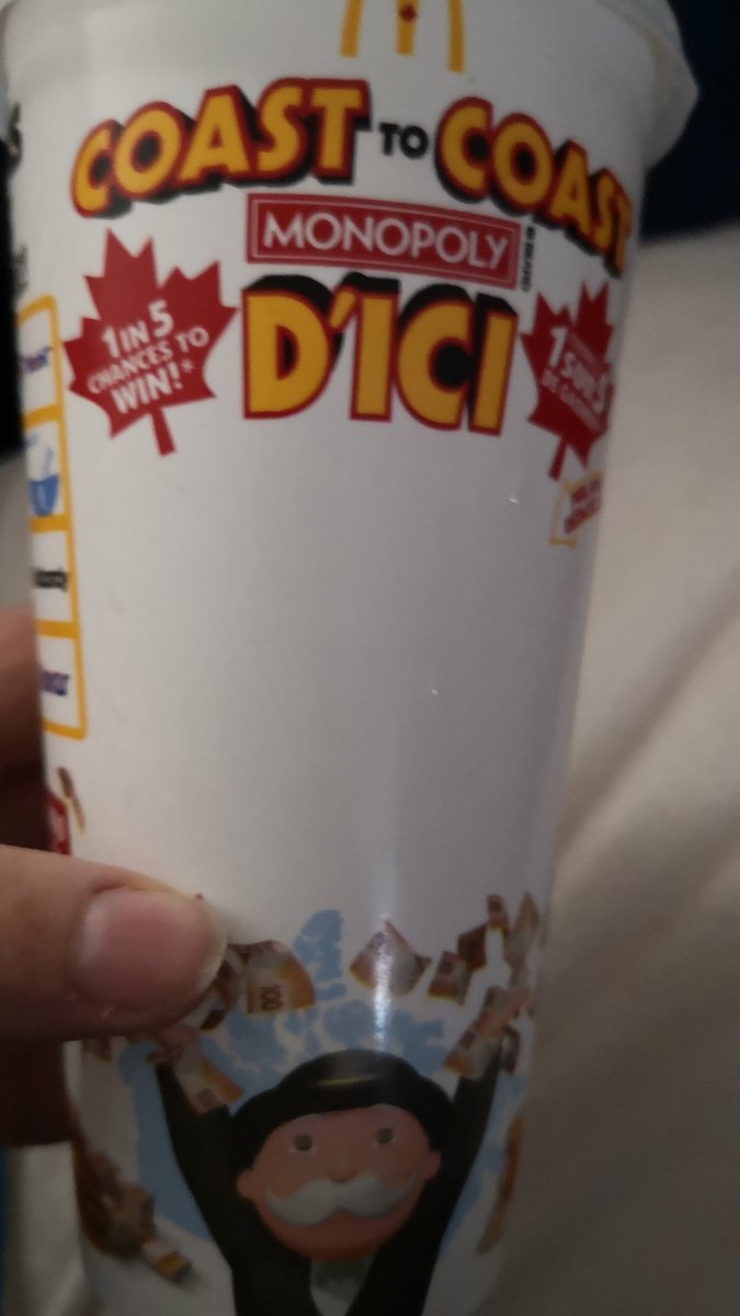 KaitlynStark1's tweet photo. @McDonaldsCanada my cup didn't have any monopoly pieces on it today.. ? https://t.co/i3iSyskbp4