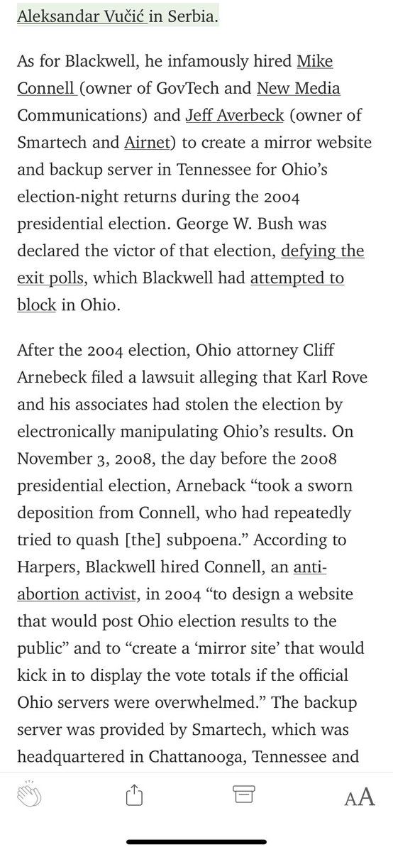 Former Ohio Secretary of State Ken Blackwell, a member of the Bush campaign, hired Republican operatives to route Ohio’s election night returns through a company called Smartech, which also hosted the Bush White House’s emails. Not weird at all, right? 4/