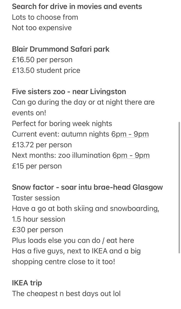 courtneyrreid's tweet photo. Since coronavirus is cancelling and ruining anything we have to look forward to, I’ve made a list of things you can still do in the Central Belt area! Most of these are reasonably priced. Thought I would share as it can be hard to think of things to do the now!!! https://t.co/xCSTPRvIOB