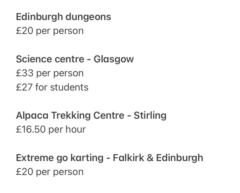 Since coronavirus is cancelling and ruining anything we have to look forward to, I’ve made a list of things you can still do in the Central Belt area! Most of these are reasonably priced. Thought I would share as it can be hard to think of things to do the now!!!