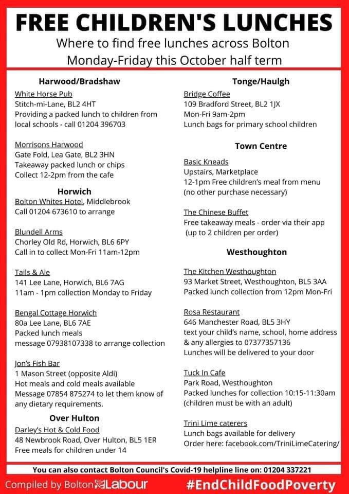 LeverEdgePri's tweet photo. Bolton’s local heroes! Here are the amazing food outlets in the Bolton area that are offering free meals this week to help ensure that no children in Bolton go hungry over half term. 👏🏻 #NoChildShouldGoHungry https://t.co/yiZ4oK1h7b