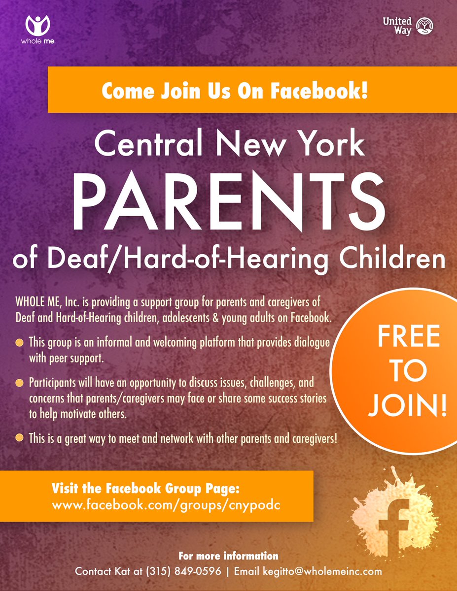 Happy Monday!

Guess what?! WHOLE ME, Inc is providing a parent support group. If you are interested in joining and meeting other parents of Deaf/HH children to discuss experiences or share ideas about how to support Deaf/HH children.

Come join the PODC group!