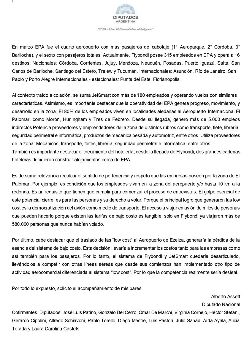 El <a href="/DiputadoAsseff/">Diput.Alberto Asseff</a> con varios de sus pares, rechaza la decisión ARBITRARIA y CONFUSA que deja inoperativo a "El Palomar" bajo el argumento de medidas sanitarias, omitiendo las presentaciones realizadas por las líneas aéreas y olvidando la confimación pública que hizo el ministro