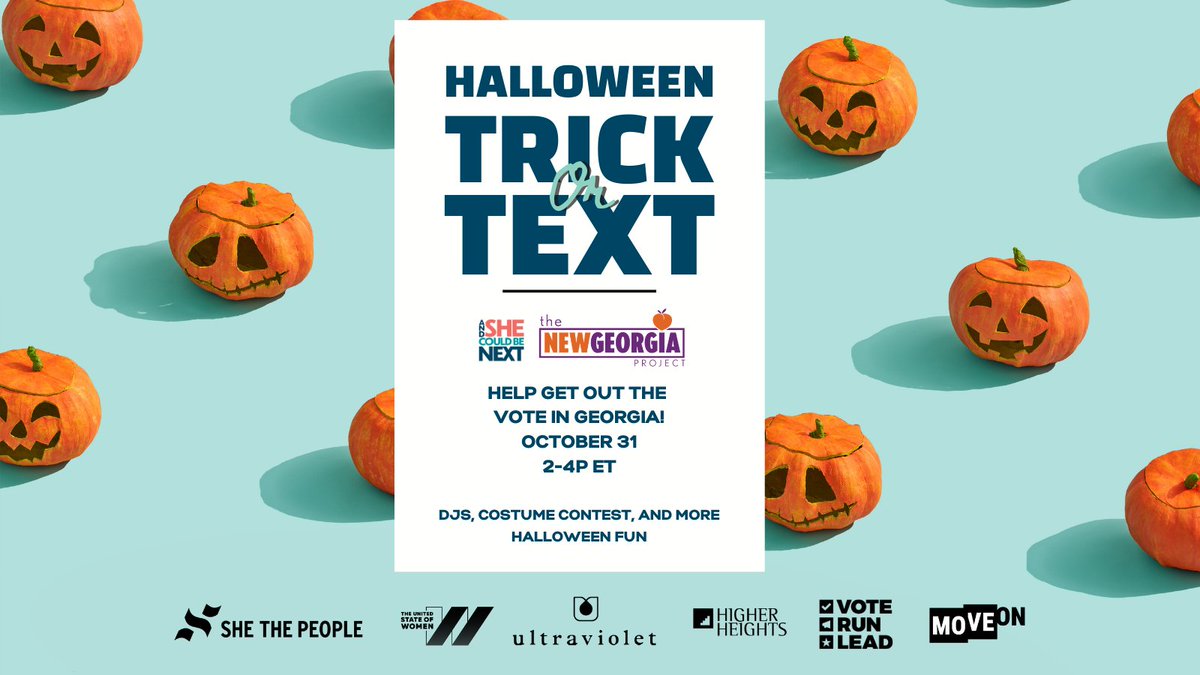 Shecouldbenext's tweet image. Friends don’t let friends not vote. Friends help friends #StepIntoPower by participating in #TrickOrTextGA and encourage Georgia voters to head to the polls! 🗳 So text them on October 31 from 2-4 pm ET/1-3 pm CST! 🎃 📳 📱

Visit andshecouldbenext.com/trickortext for more info!