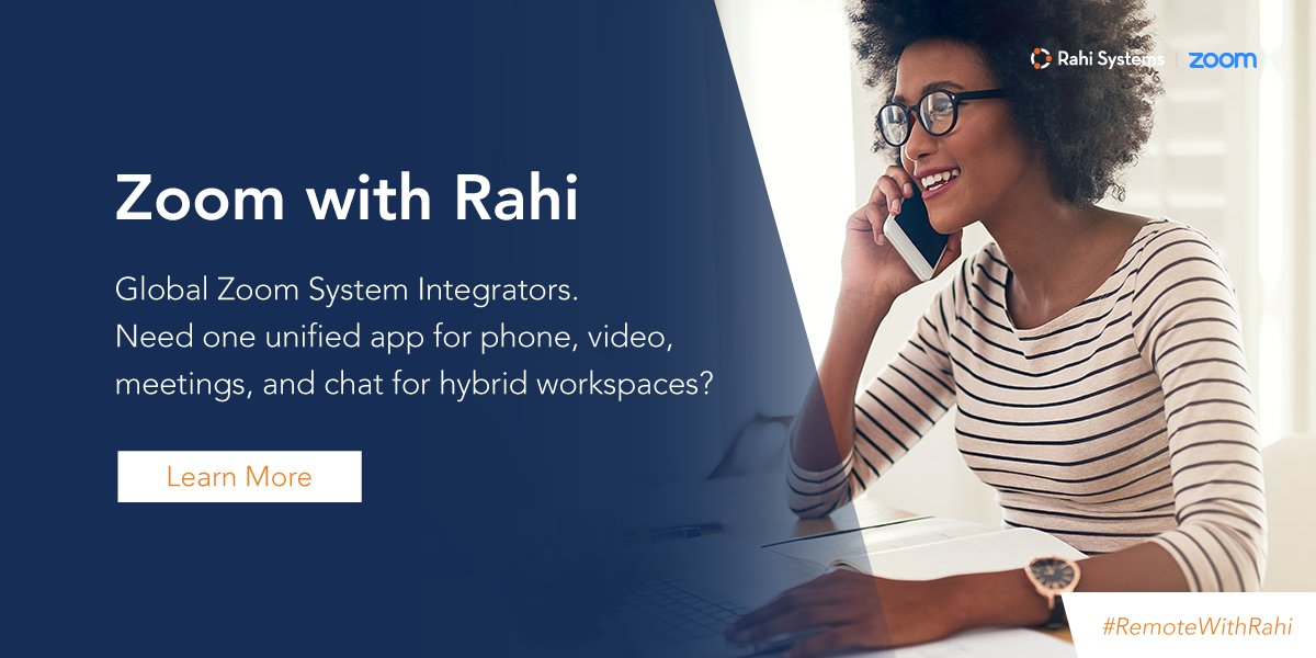 Rahi_Systems's tweet photo. Does your hybrid workspace need one unified app for phone, video, meetings, and chat? Rahi has partnered with @zoom_us to offer the cloud phone solution, natively built for the Zoom platform. Learn more: https://t.co/148oephtSU #RahiPartner #RemoteWithRahi #Zoom #AV https://t.co/F2hRYRnzl2