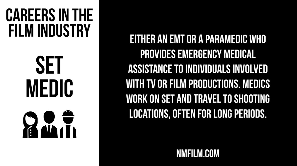 NMFilmOffice's tweet photo. 💼🎬 CAREERS IN THE FILM INDUSTRY: Set Medic. 🚑🩺
Set medics are active on film sets watching actors, crews and observing stunts for safety. They also coordinate with emergency contacts in the filming area.
#newmexicofilmindustry #NMFilm #nmfilmcrew https://t.co/HDAMZonqma