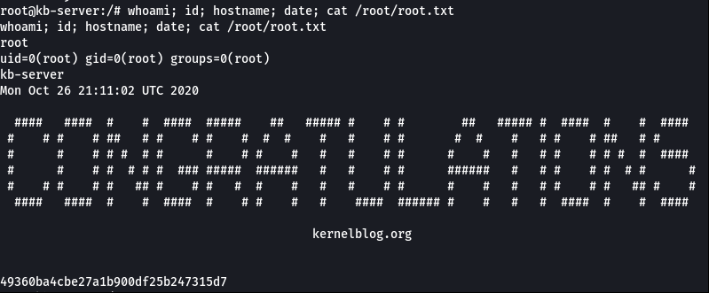 roelvb79's tweet photo. ✅ Root @ '𝗞𝗕-𝗩𝗨𝗟𝗡: 𝟯'. A medium level VM from @VulnHub made by #MachineBoy. #CTF #linux #SiteMagic #hacking 👨‍💻 https://t.co/9IRD6oqjdU