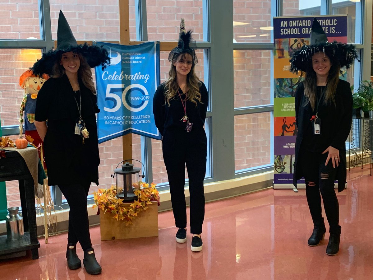 MrsZanier's tweet photo. Halloween Hat Day! The teachers may have enjoyed this more than the students 🧹@MrsPatimisco @Miss_Mulhall @StPioDPCDSB https://t.co/bsFhRYLpdy