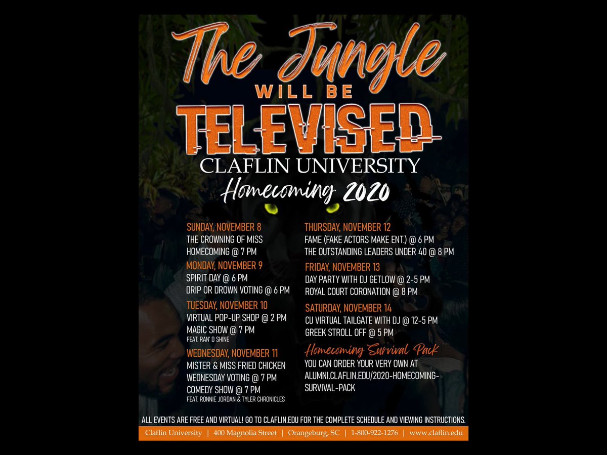 The Jungle will be televised! 🐾 

Claflin University’s virtual homecoming 2020 starts on Sunday, November 8, with the crowning of Miss Homecoming 2020. All events are free and open to the public, so keep an eye on our website for viewing instructions!