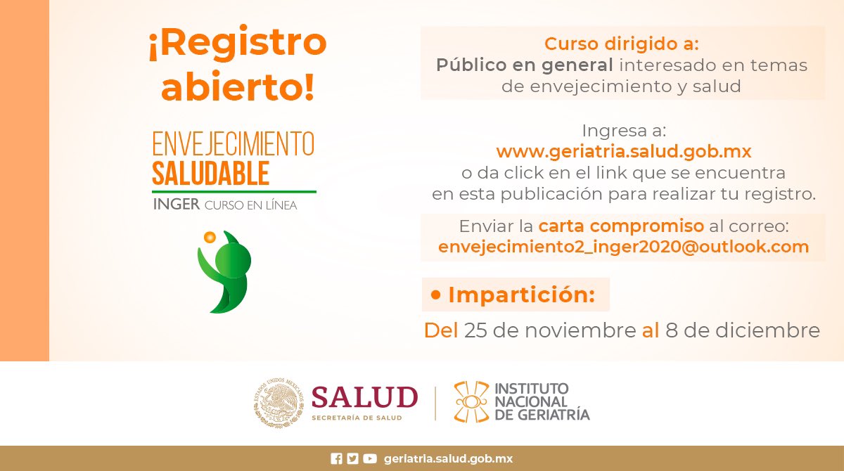 INGER_mx's tweet photo. #CursoINGER
✅ Regístrate al Curso "Envejecimiento Saludable"

1. Revisa el TUTORIAL para llevar a cabo el registro de manera correcta: https://t.co/78HGX9gcAi

2. Ingresa al link: https://t.co/ry2wvVEFN2

3. Descarga y envía tu Carta Compromiso al correo:
https://t.co/fxzXV0VArd https://t.co/iOeBFOQKEn