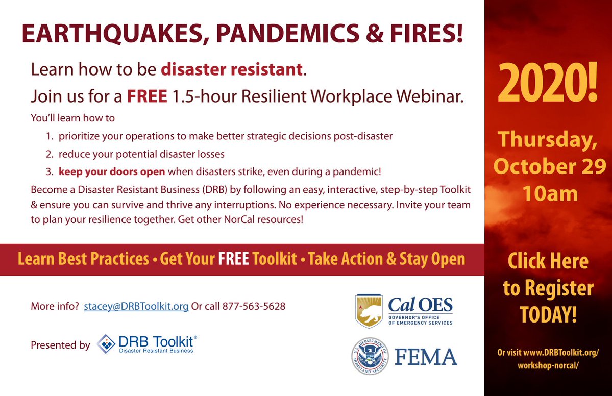 Ines_Pearce's tweet photo. Learn how to keep your business' doors open &amp;  #DisasterResistant at Resilient Workplace Webinar - 10/29 at 10:00a. Seats limited! Free tools - REGISTER NOW: https://t.co/CvRiWFU64z @Cal_OES @fema @UPS_Foundation @CalChamber @USCCFoundation @SAFETPROOF @ECA @SBAgov @DRBToolkit https://t.co/eb2JkpzOQ5