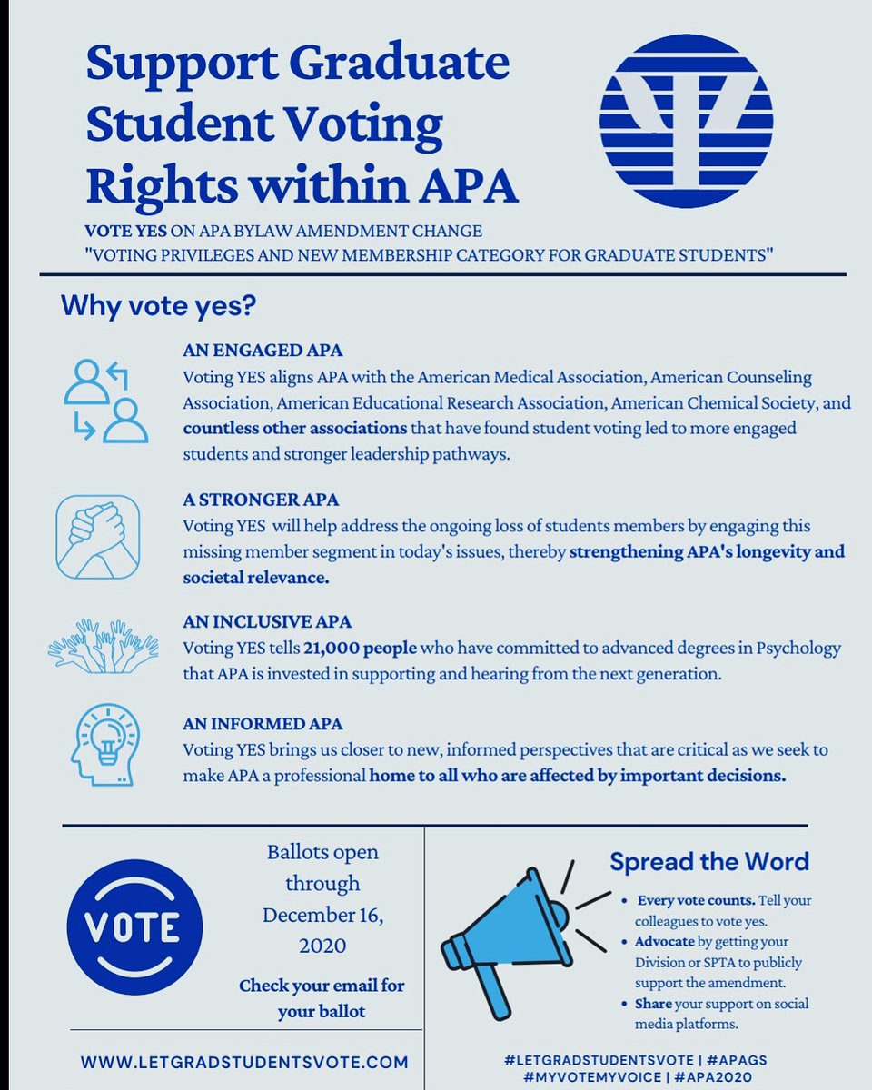 Blankaoo7's tweet photo. Vote YES for enfranchising Graduate Student in @APA !! #letgradstudentsvote #apags #apa2020 #myvotemyvoice #AcademicTwitter #AcademicChatter #NeuropsychTwitter #PsychologyTwitter #psychology #psychtwitter #RT #APAStudentVote #APAStudentVoteChallenge @APAGradStudents https://t.co/jzkLRKVvni