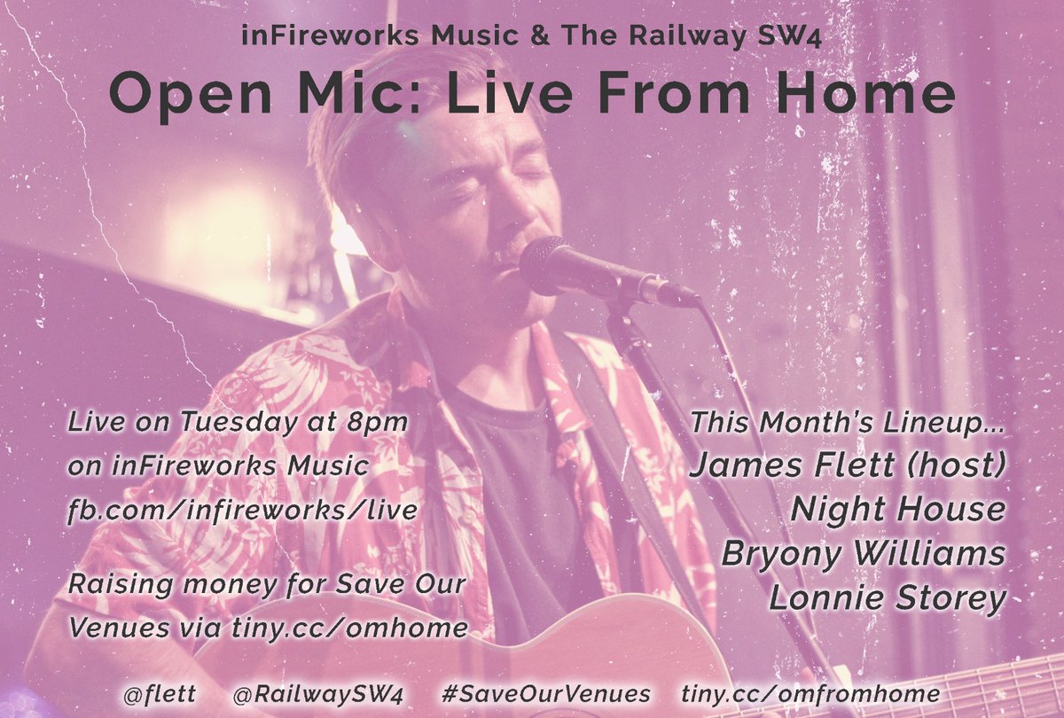 Tune in tomorrow night at 8pm for <a href="/NightHouse_Band/">Night House</a> <a href="/bryonywmusic/">Bryony Williams</a> Lonnie Story and I performing a #livestream #gig from home via <a href="/inFireworks/">BradenF</a> and <a href="/RailwaySW4/">Railway Clapham</a>! 

Tune in from <a href="/inFireworks/">BradenF</a>' Facebook page and share whatever you can spare to #SaveOurVenues 💛