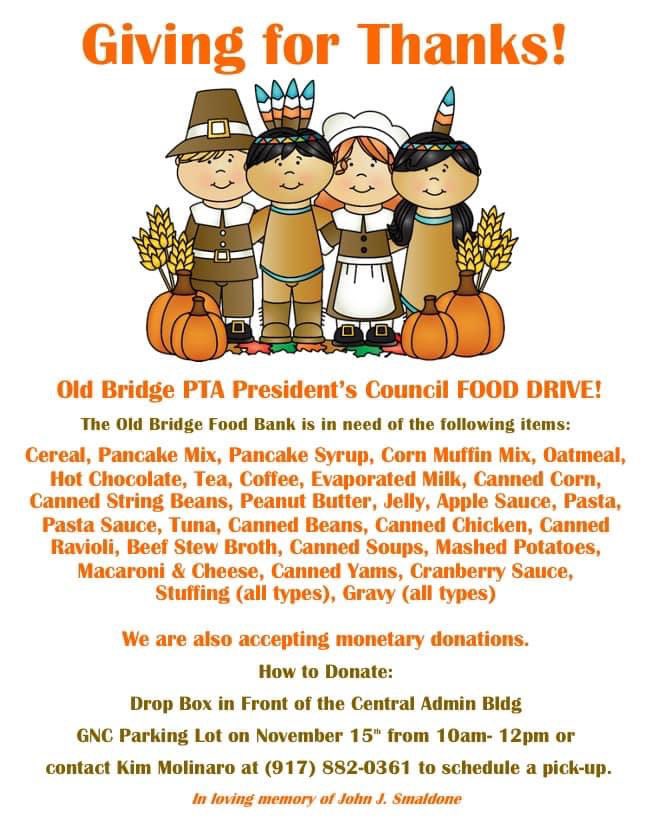Being truly thankful for life’s blessing also means paying forward those blessings. The OB PTA Presidents’ Council is currently collecting so that every family in Old Bridge has a blessed Thanksgiving. Please see the flyer below!