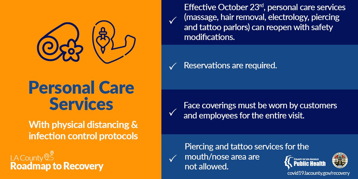 CountyofLA's tweet photo. Reminder: Effective October 23rd, personal care services (massage, hair removal, electrology, piercing and tattoo parlors) in LA County can reopen with safety modifications. Learn more: https://t.co/PH0OCch4R0 https://t.co/hBRMBxUe99