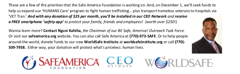 SafeAmerica's tweet photo. On December 1, we are seeking funds to help us expand our ‘HUMANS Care’ program that fights human trafficking and our 'VET Tran' program that transports homeless veterans to hospitals. 
--
For more information on how to donate, call Safe America at (770)-973-SAFE. https://t.co/tuOpMZqlvL