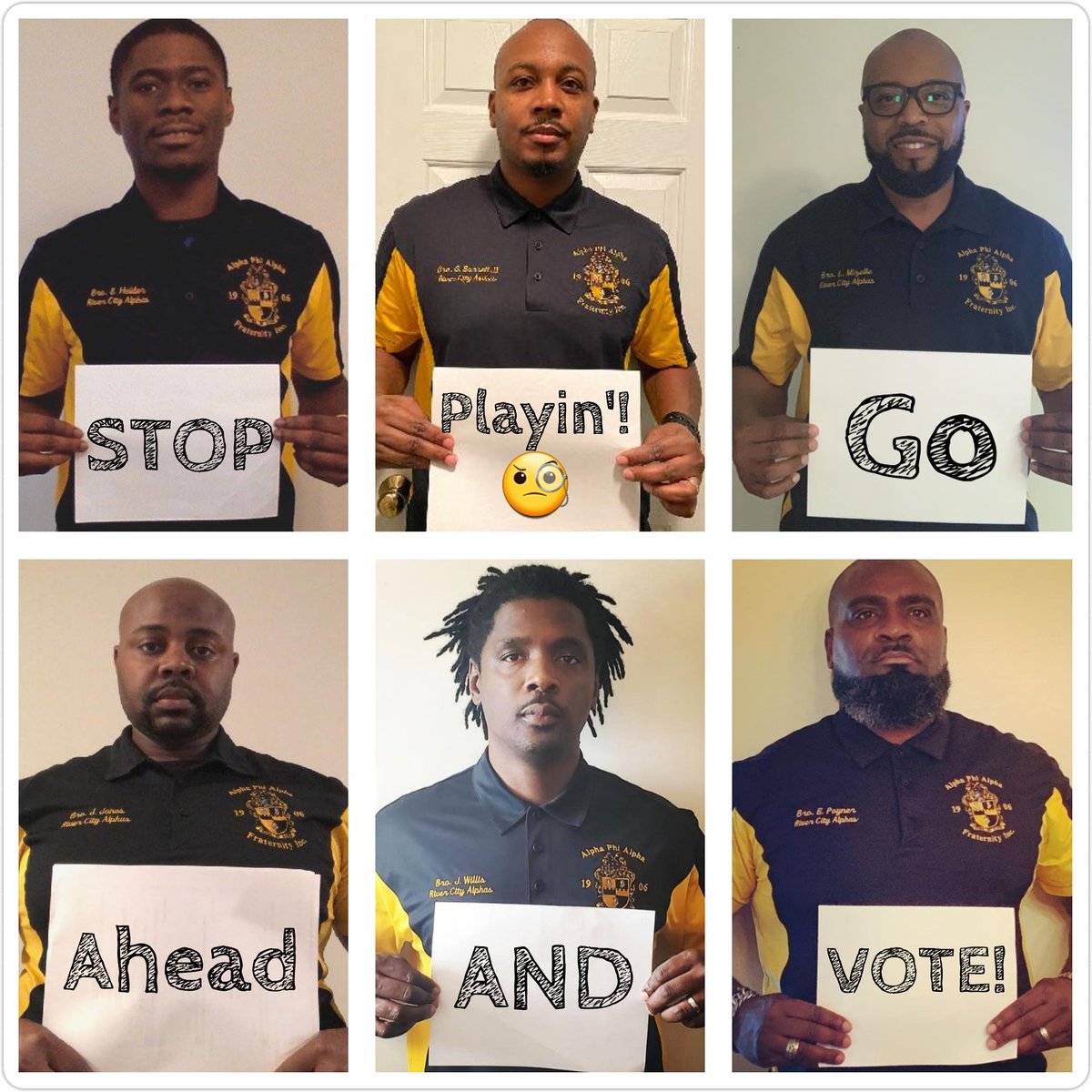 RiverCityAlphas's tweet photo. Alright now! The time is drawing nigh to make a decision! STOP PLAYIN'! Go Ahead and V.O.T.E!

November 3rd is just around the corner! https://t.co/Q0DSKwrIcx