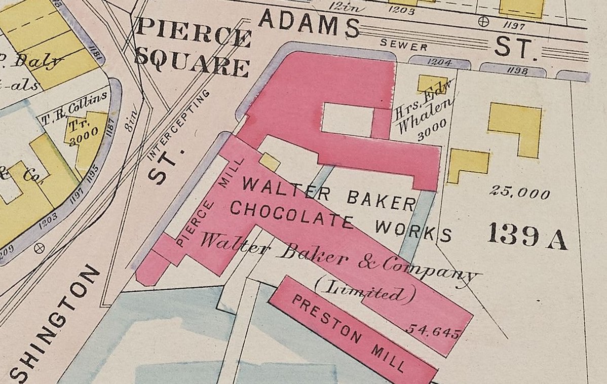 The last familial owner of Baker’s Chocolate was Walter's step-nephew, Henry L. Pierce. Pierce sold out the company for incorporation in 1895. After his death in 1896, the square outside the buildings was named in his memory. 5/7