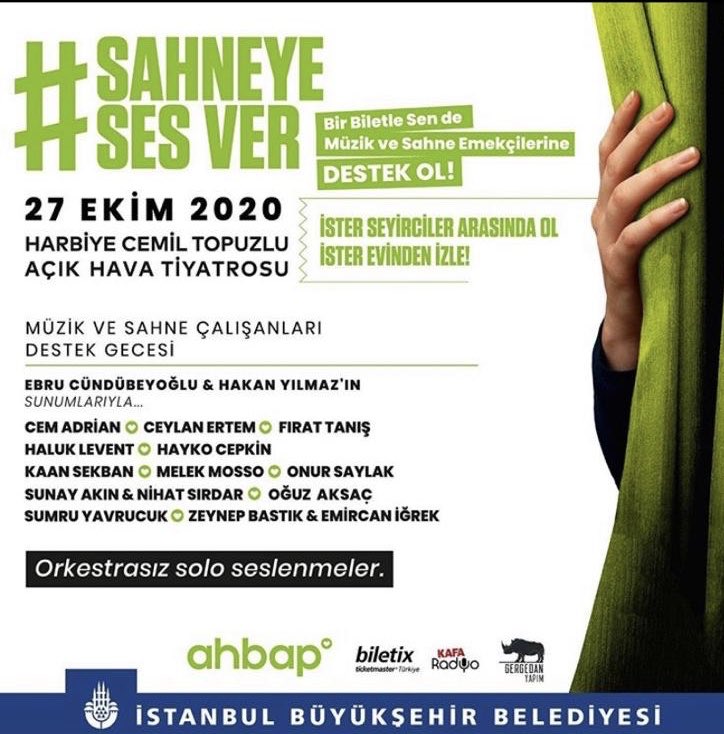 Bu akşam Harbiye’de müzik, tiyatro, sinema emekçileri için bir gecemiz var.
Toplanan para müzisyen, rodi, ışıkçı, sesçi, gişeci, kostümcü, makyajcı vs kişilere eşit bir şekilde dağıtılacak.
Başvuru yapmak için;
Ahbap.org tan #SahneyeSesVer bölümüne giriş yapınız.💚