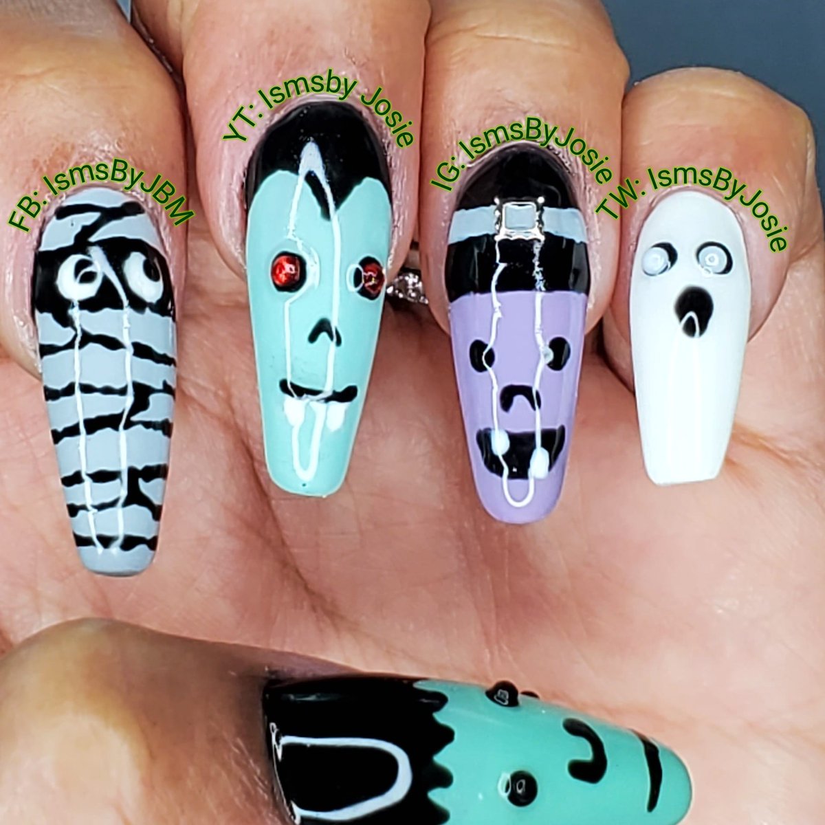 ismsbyJosie's tweet photo. Check out my monster mash nails! 

YouTube:  https://t.co/vTeZwpcmvR
Please like, share, &amp; subscribe for videos on my channel: ismsby Josie

#naildesign #mummynails #vampirenails #nailart #nailsoftwitter #halloweennails #witchnails #ghostnails #frankensteinnails #nails https://t.co/pTOlsFaVzn
