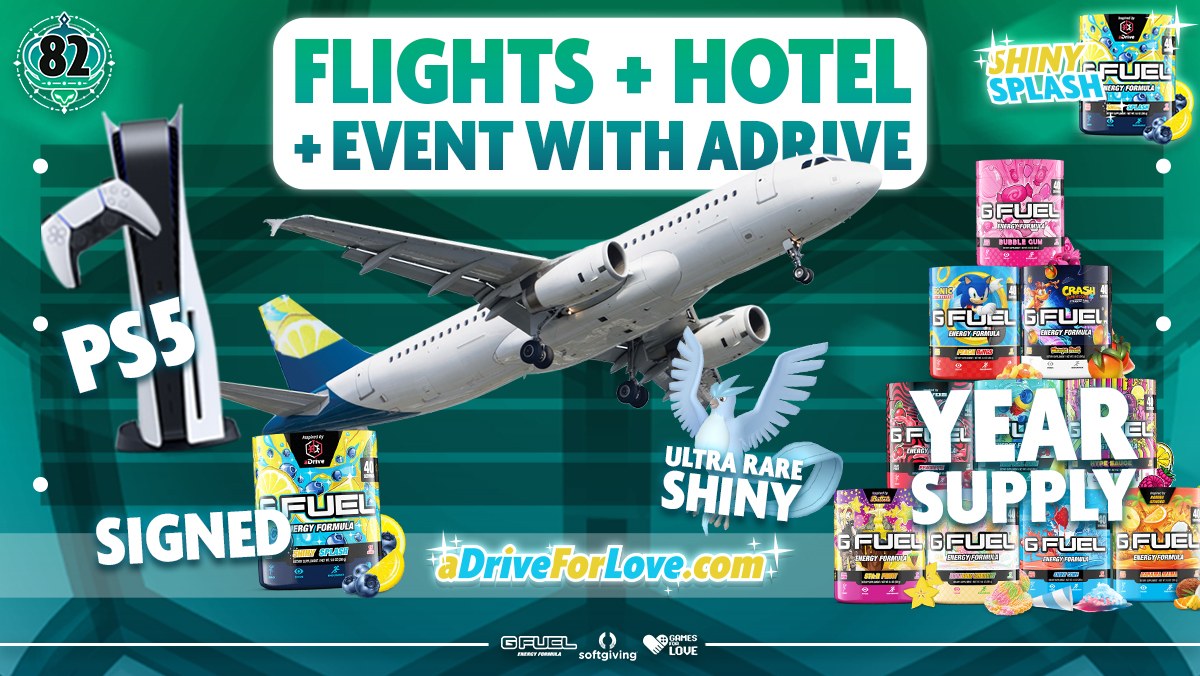 aDrive_tK's tweet photo. We've raised over $257000 for @GamesForLoveorg, and we're going to blow the roof off at 6:30pm ET with a HUGE GIVEAWAY. A Trip To A Pokemon Event with @aDrive_tK, A Years Supply Of @GFUELEnergy, A PS5 and more. To enter, join the stream https://t.co/t8Jsf2vkO9 #aDriveForLove https://t.co/qOkoubo1FR