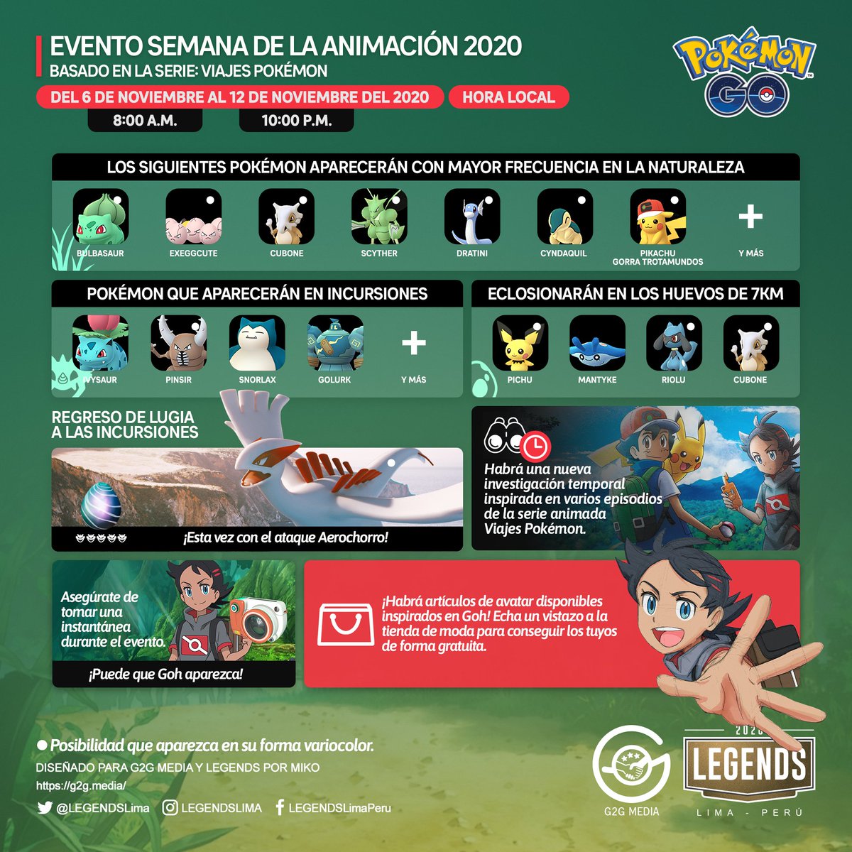 PokemonHispana's tweet photo. Evento semana de la animación 2020

Basado en la serie: Viajes Pokémon Habrá spawm aumentando, Pokémon en incursiones, Pokémon en huevos de 7 Km, Lugia con Aerochorro y Goh en Photobomb.

Fuente: @LEGENDSLima https://t.co/mT8KSfYPJ7