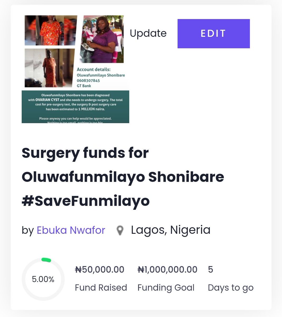 theonlyebuka's tweet photo. This is the latest update so far
We've gotten
191,050 via bank transfer
50,000 via Raize by @enablegrowthafr
Total of 241,050
Thanks to everyone who has donated so far to help us #SaveFunmilayo
Thanks
You can also donate via Raize
https://t.co/0P68KJPeVb https://t.co/OblhQY17nN