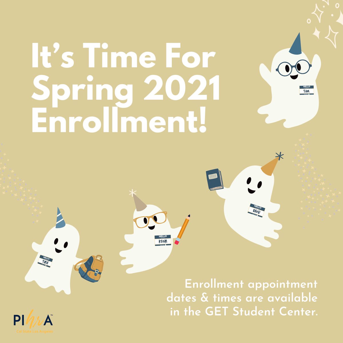 CSULA_PIHRA's tweet image. Trick or treat! Time to get those Spring 2021 classes in your shopping (treat) cart
🛒
Check the Student Center in your GET portal to find out when your enrollment day is.