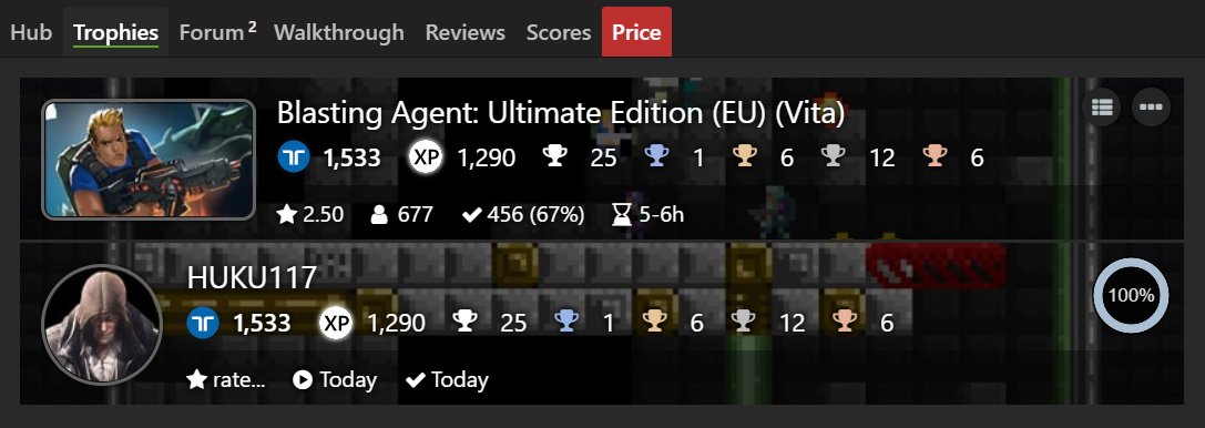 HUKU117's tweet photo. Blasting Agent: Ultimate Edition [EU] (PS Vita) Platinum#176 and 100% Complete

#TrophyHunter #PlatinumTrophy #PlayStation #PSVita #BlastingAgent #RatalaikaGames #AxolStudio https://t.co/HyQkFsqoF4