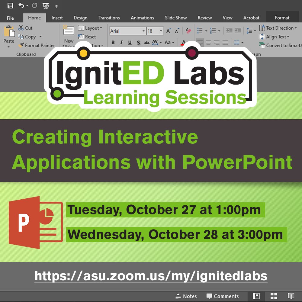ASU_IgnitEDLabs's tweet photo. Join us this week for our Virtual Learning Session! Learn to create more engaging presentations using interactive elements with Microsoft PowerPoint. Check out our website for more information: https://t.co/I3S41IEc46 #education #asu #MLFTC #powerpoint #asuignitedlabs https://t.co/K44LTAfIoX