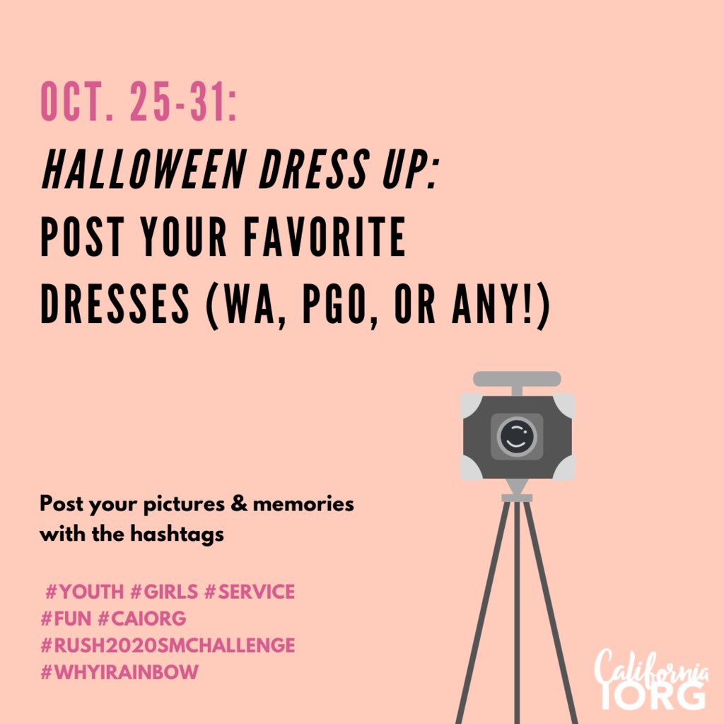 CARainbowGirls's tweet photo. Oct. 25-31 🌻
Halloween dress up:
Post your favorite dresses (WA, PGO, or any!). Shown here is CAIORG at their annual state convention! 

 #YOUTH #GIRLS #SERVICE
#FUN #CAIORG
#RUSH2020SMCHALLENGE 
#WHYIRAINBOW https://t.co/BZpwF9PBzr