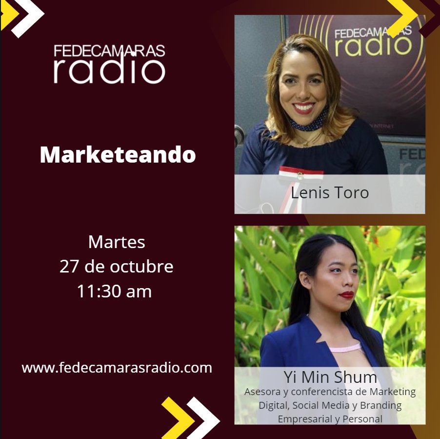 <a href="/yiminshum/">Yi Min Shum Xie</a>, asesora y conferencista de marketing digital, social media y branding, es la invitada de mañana en Marketeando, con <a href="/LenisToroDitta/">Lenis Toro</a>.

Disfruta de este programa en vivo a las 11:30 am por fedecamarasradio.com