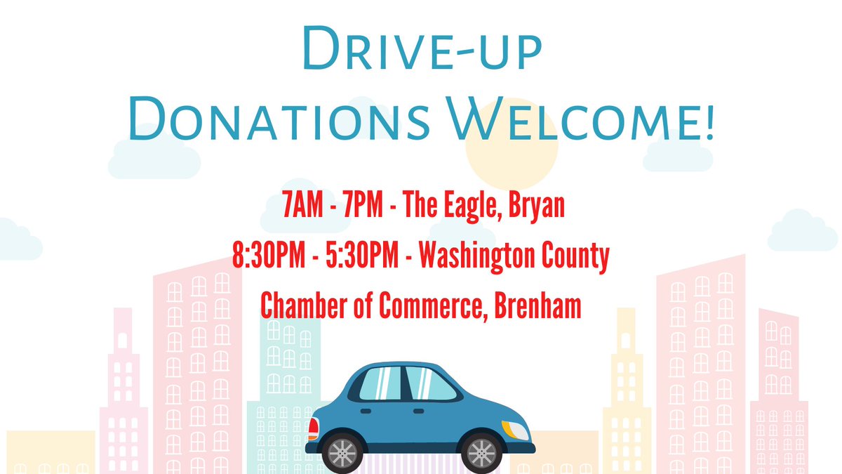 BVGives's tweet photo. Want to give in person this #BVGivesDay? YOU CAN! 🙌
Cash &amp; check donations [payable to Brazos Valley Gives] are welcome! Drop off donations at [1] of  [2] drive-by/donation drop-offs:  
(1) 7AM - 7PM - The Eagle, Bryan
(2)  8:30PM - 5:30PM - Washington County Chamber of Commerce https://t.co/5mLwb73Wt2
