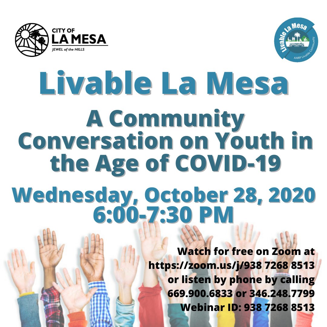 Are you a parent or student in La Mesa who has an experience you want to share about distance learning or your child's responses to COVID-19? The City invites you to submit your story to MHowell@cityoflamesa.us and share it live on October 28th for our Community Conversation.