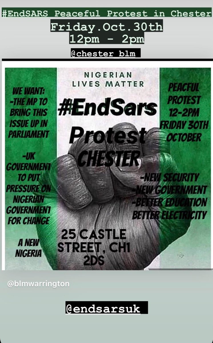 Please Share 👍🏽 Let’s stand in solidarity with Nigeria for change.🇳🇬 #EndSARS 💚🤍🖤 Peaceful Protest in Chester. Friday, Oct. 30th at 12pm.