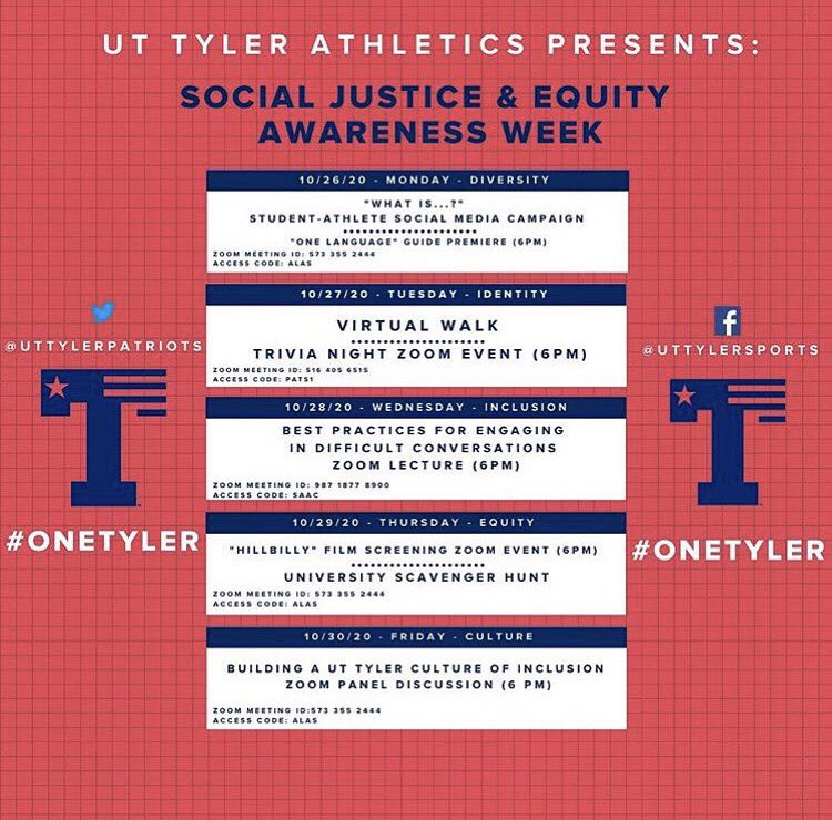 UT Tyler Athletics Social Justice &amp; Equity Awareness Week starts tonight @ 6:00pm!!! #WE ARE PUMPED &amp; PROUD TO BE A PART OF THIS!!!