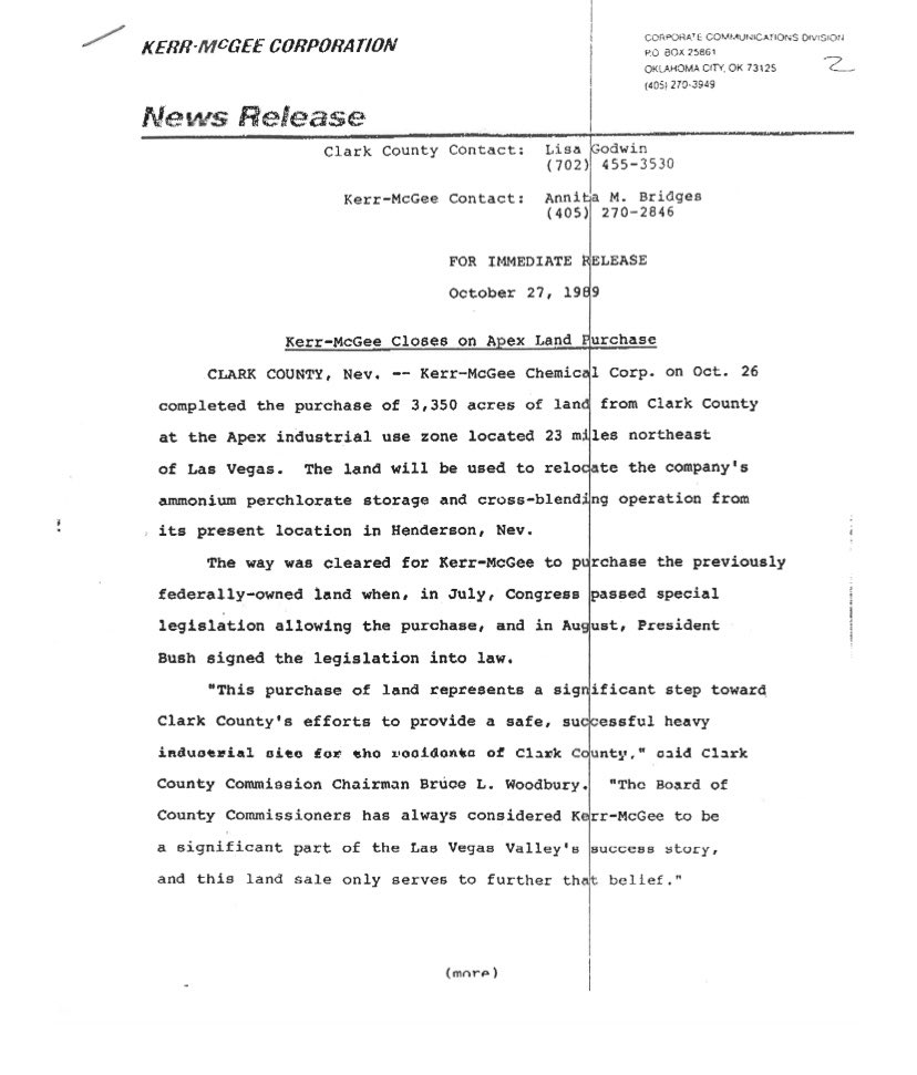 epappa's tweet photo. 31 years ago Kerr-McGee bought from @ClarkCountyNV 3,350 acres of land @ Apex. The sale came after the May 1988 #PEPCON explosion & there was a need to move operations outside of the Las Vegas Valley https://t.co/gscFjVjanv
