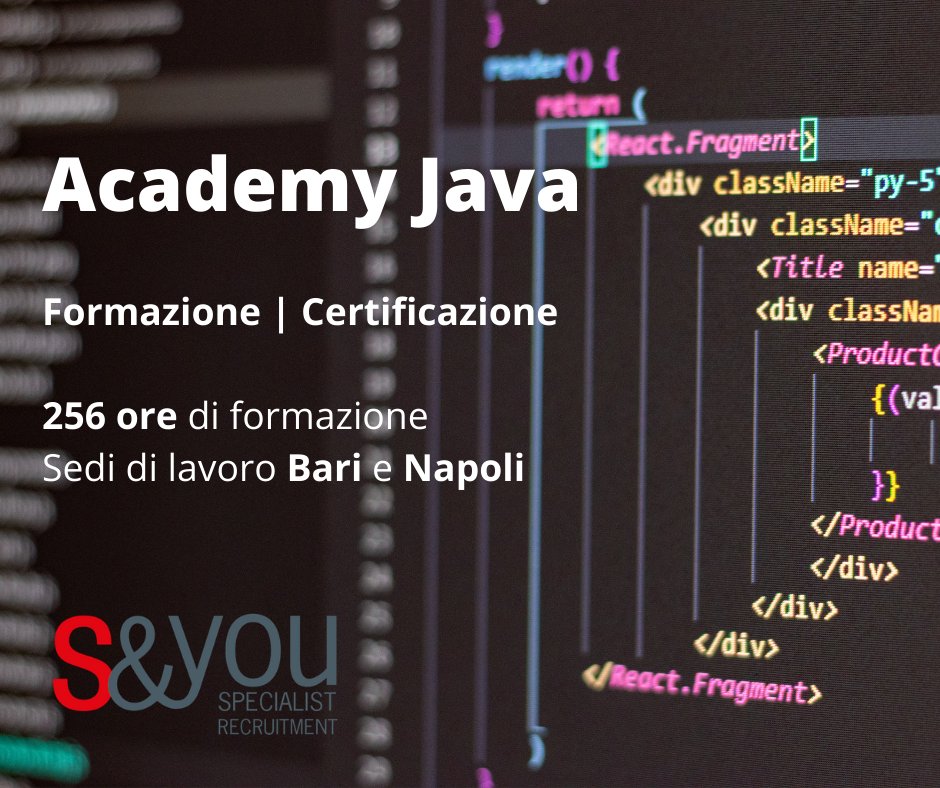 SANDYOUItalia's tweet photo. Torna la #JavaAcademy!
💻 256 ore di formazione online per specializzarti nella programmazione Java.
Selezioneremo
3️⃣ risorse per la sede di Torre Annunziata (NA) 👉 https://t.co/eAnD0XXDTg
7️⃣ risorse per la sede di Bari 👉 https://t.co/D66lF2BqMJ
#Sandyou #formazione #Career https://t.co/f13yw403jW