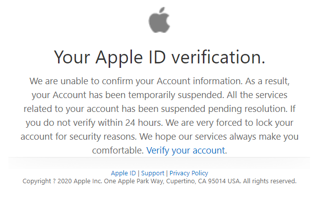 RickBorn's tweet photo. so this phishing attempt was funny enough to screen cap. "We hope our services always make you comfortable" #phishing #notApple https://t.co/oLtQWYqYJ6