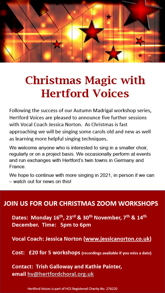 A further #singing #choir opportunity with #HertfordVoices in the run-up to #Christmas with voice coach @JessicaCNorton...we would love you to join us; all details in attached. https://t.co/sGVgv2iWEH