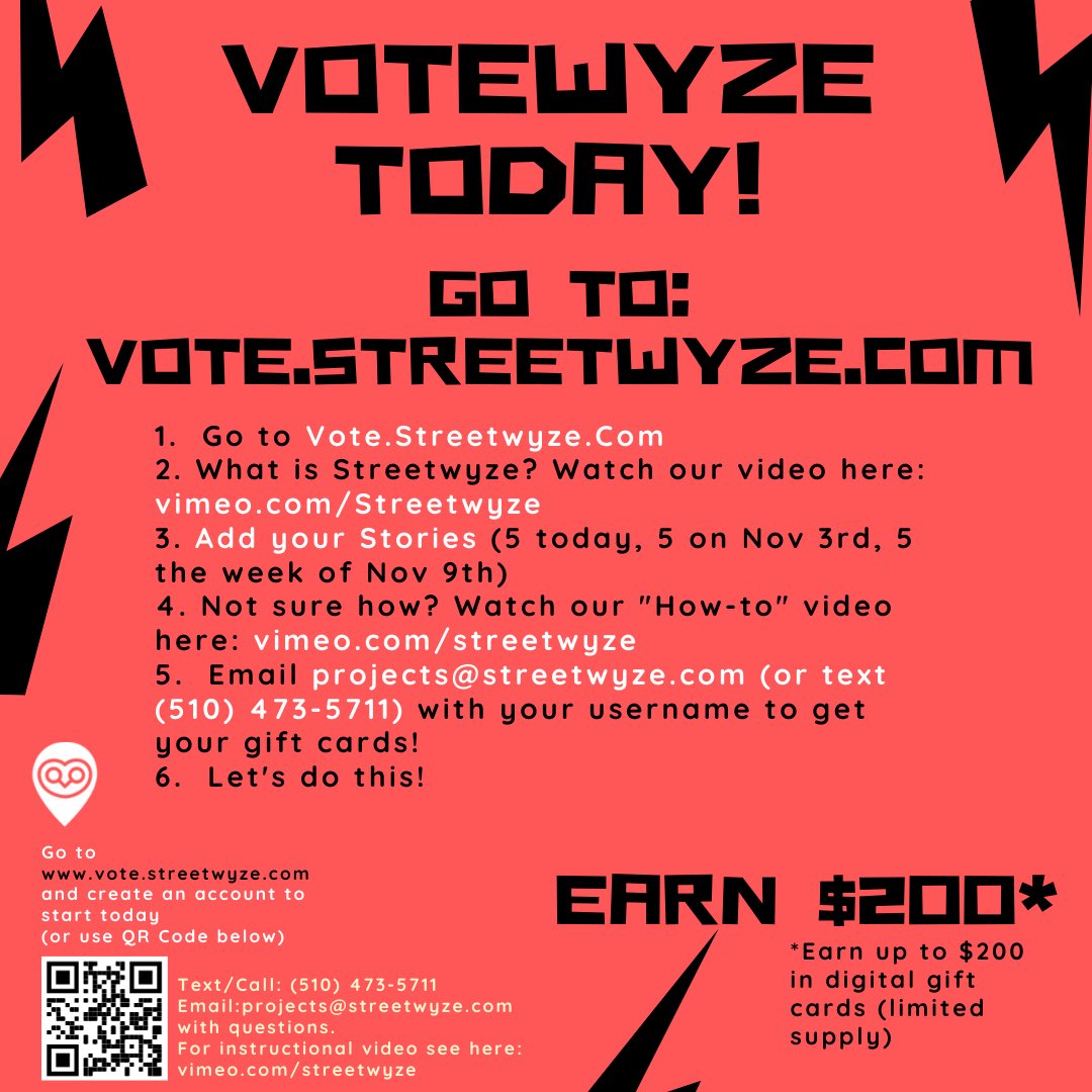 strtwyze's tweet photo. EARN $200* TODAY!! 
Lines too long? Can't find Ballot boxes? What has Election 2020 REALLY been like in your hood? Share YOUR voting/the election stories on VoteWyze. *Earn up to $200 in e-gift cards by sharing your stories on https://t.co/aiJuIVErV0! See below for info &amp; share! https://t.co/QveI9laFFk