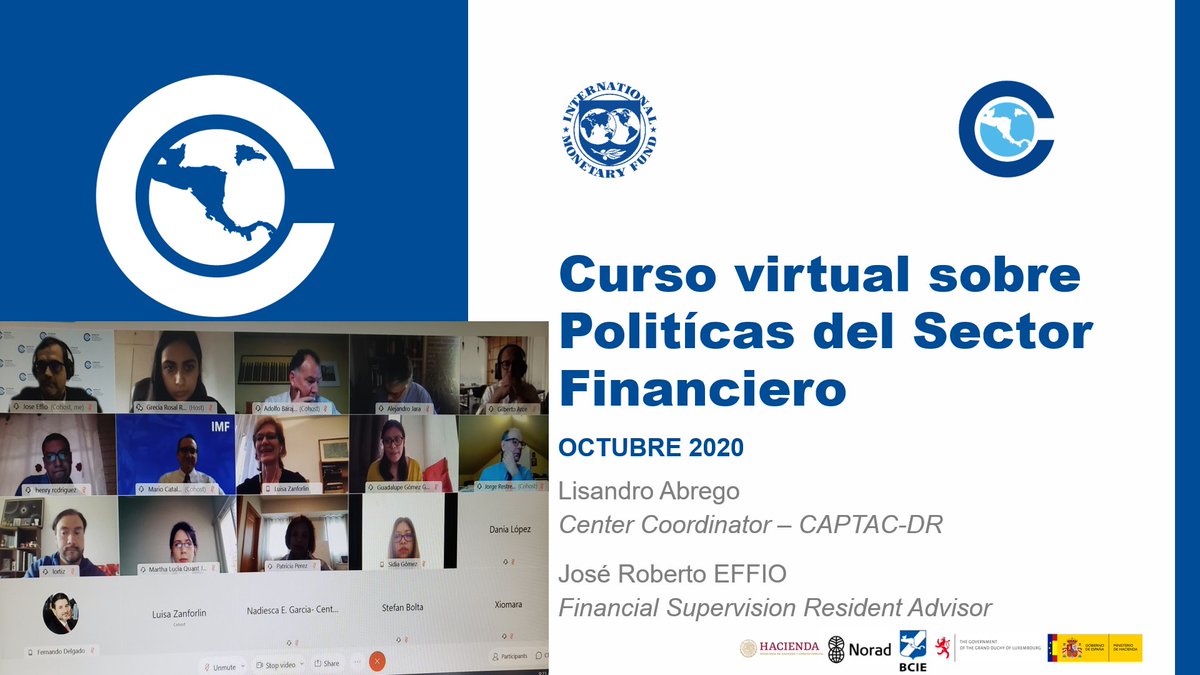 SBF_Captac's tweet photo. Today we started the second version of the virtual course on Financial Sector Policies for banking supervisors and central bankers in the Central American region, a joint effort of @SBF_Captac, @captacdr and the @imfcapdev IMF_Institute https://t.co/ow5LpRmToi
