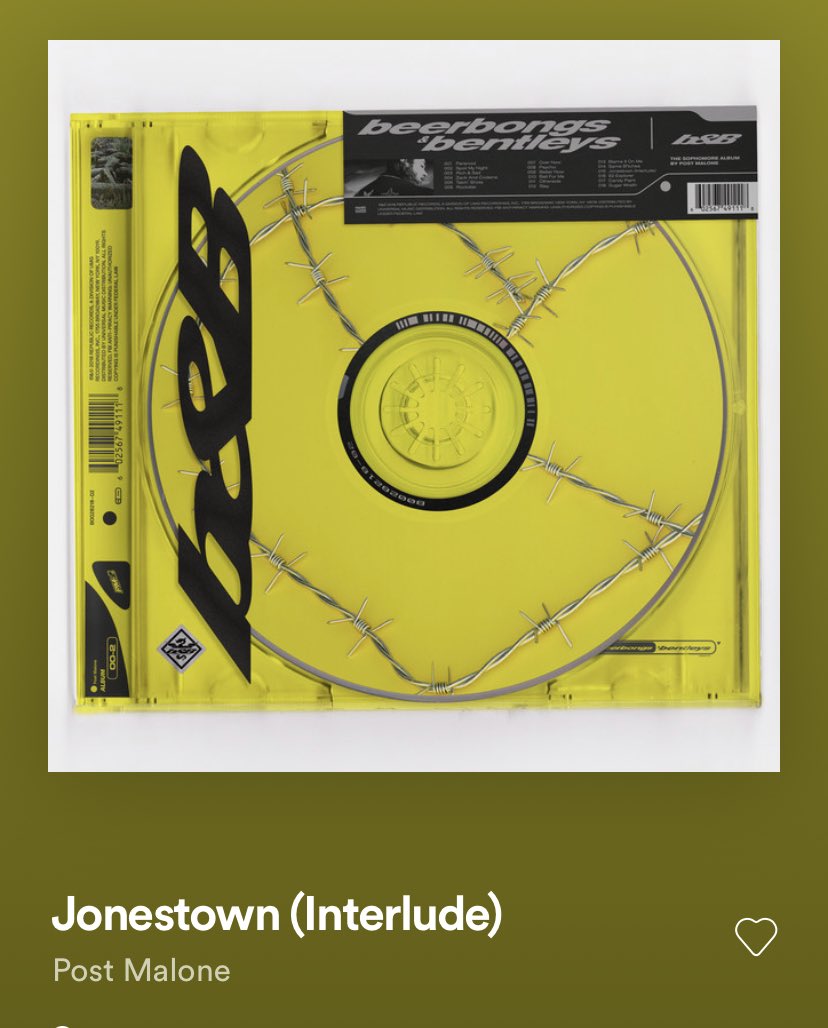 track 15 “jonestown” (interlude)well it’s a interlude I’ve never cared much for them really they’re just used to fill albums, if I had to say anything it, it’s similar to “broken whiskey glass” from stoney I’ll take it or leave it though really