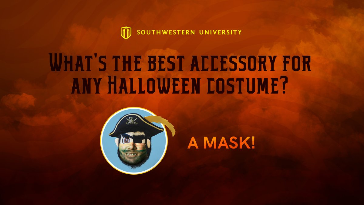 SouthwesternU's tweet photo. #Halloween week is full of treats and fun, but don't forget to continue abiding by the Pirate Pledge so we can all stay on campus for the rest of the semester!

#PirateBubble #SUCommunityFirst #BeSouthwestern #halloweencostume https://t.co/vjDUE2Bk4Y