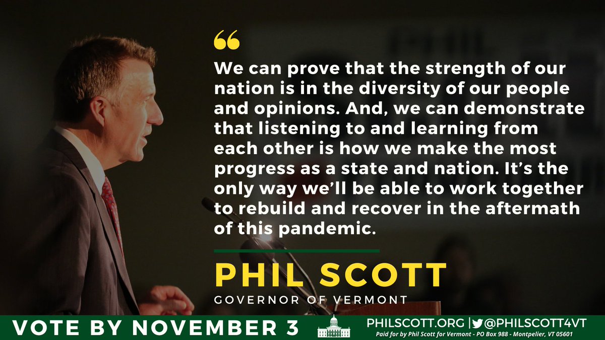 PhilScott4VT's tweet photo. At a time when our nation feels so divided, it’s clear to me that Vermont can lead the way once again. We can rise above partisanship, be better role models and treat everyone – even when we disagree – with the dignity and respect they deserve. That's how I've led. #vtpoli https://t.co/uuH0JkPdsV