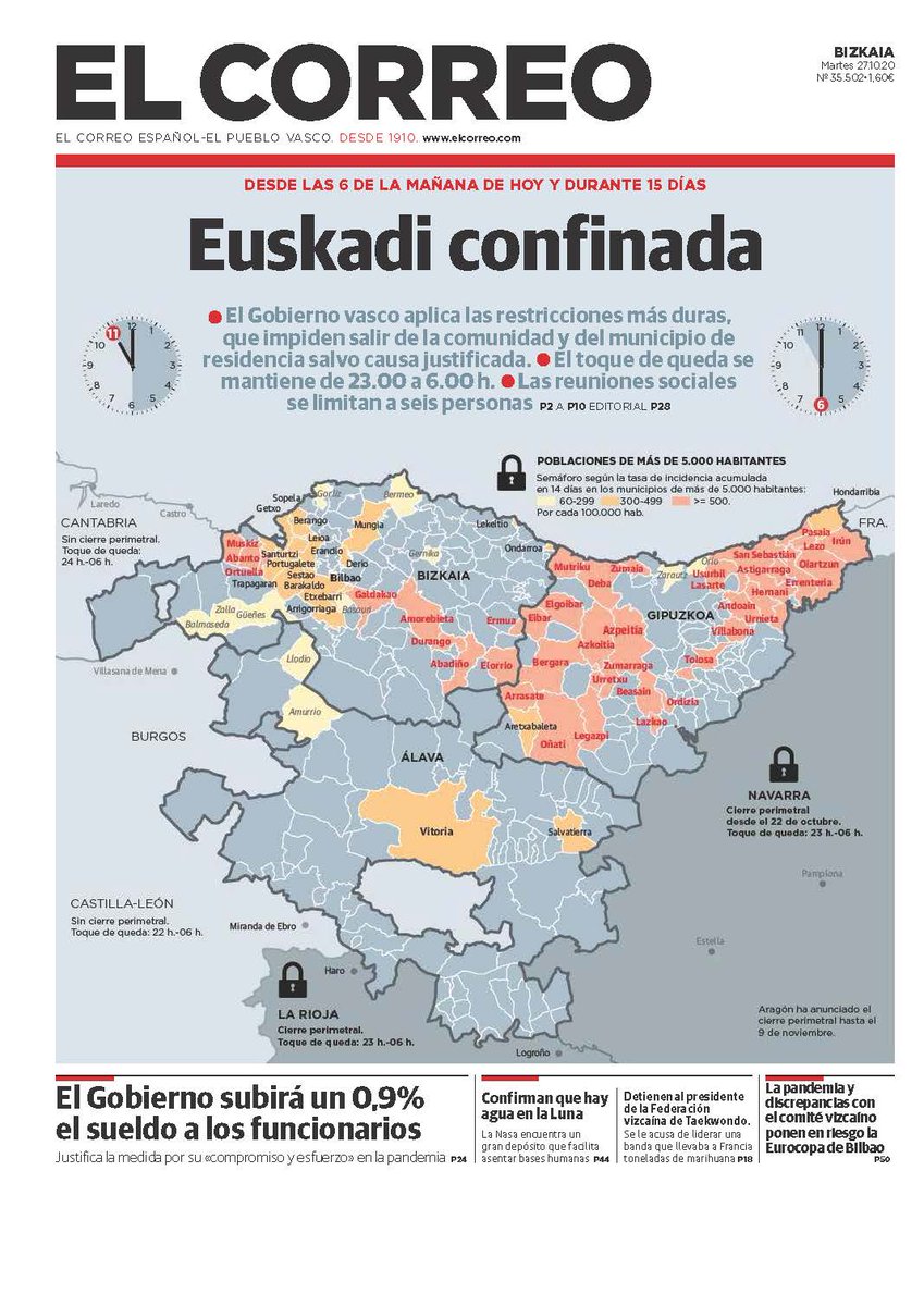 ‼️ 📰 UNA PORTADA POR TODAS
#Euskadi confinada
Y en la #UE hay medidas hasta más rigurosas. https://t.co/a3o5dOcRMj