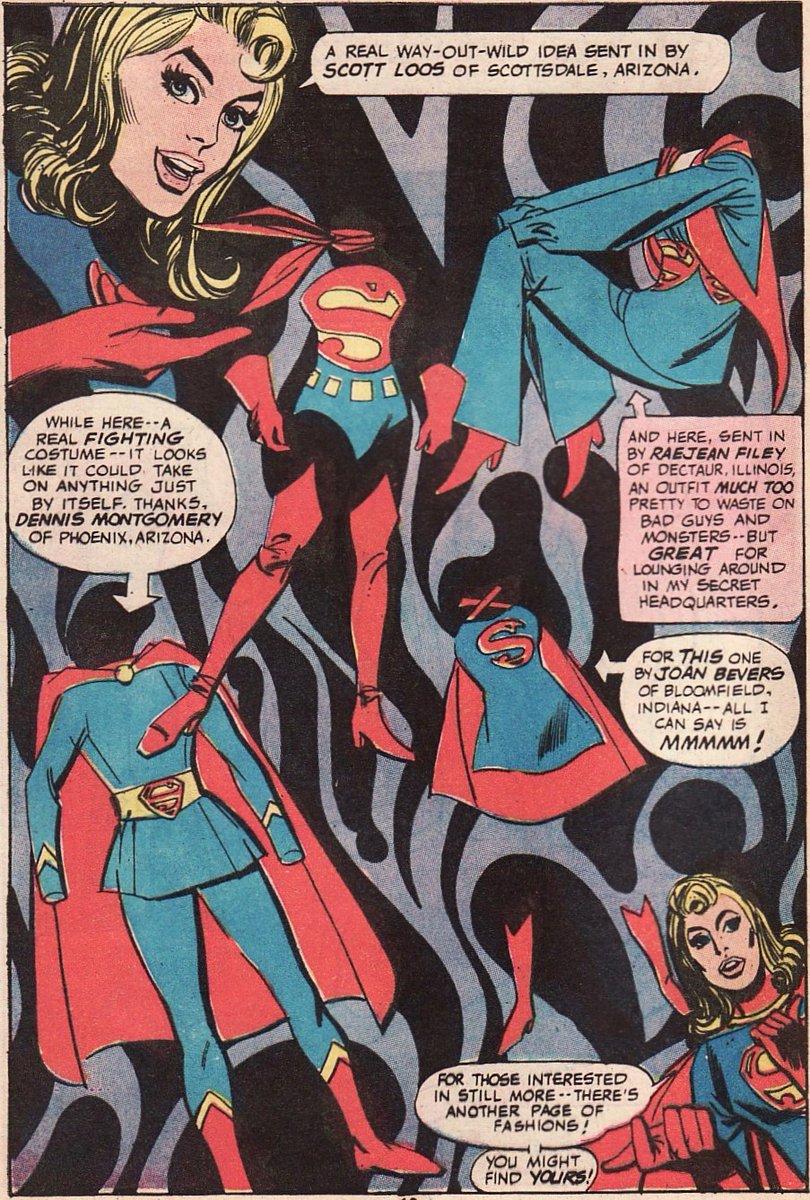 For one, it saw Supergirl change her wardrobe. Gone was the simple, modest skirt and instead she wore a plethora of "hip" new outfits, many of which were submissions by fans. Suffice to say it took a lot more effort to get your fanart noted back then!