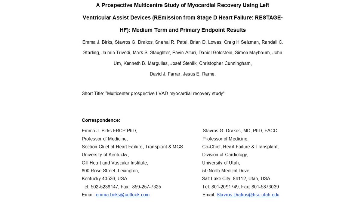 StavrosDrakos's tweet photo. Multicenter RESTAGE-HF @CircAHA, https://t.co/v4g2sCqtU2 47.5% LVAD Explants for #CardiacRecovery in pts w Baseline LV DILATION &amp;⬇️EF! Excellent Outcomes 1 &amp; 3 years Post-Explant! Explants in ALL sites:@UofUHealth @UofLHealth @PennMedicine @CvUnmc  @MontefioreNYC @ClevelandClinic https://t.co/W2RNgdqI5J