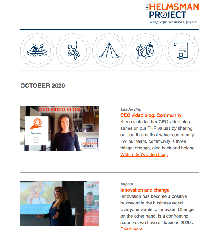 HelmsmanProject's tweet photo. Our October #newsletter is live today with lots of exciting news inside. Check out Kim's #CEO #vlog on #community , words from a #coach , a spotlight on @Atlassian Foundation and more. 
https://t.co/U0op1inoWj https://t.co/sYW4dPsaQL
